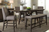 Image of Atherton 6 Piece Counter Height Dark Chestnut Trestle Table Dining Set With Upholstered Side Chairs And Bench