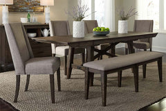 Atherton 6 Piece Dark Chestnut Trestle Table Dining Set With Upholstered Side Chairs And Bench