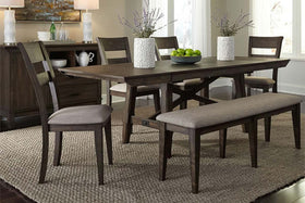 Atherton 6 Piece Dark Chestnut Trestle Table Dining Set With Splat Back Side Chairs And Bench