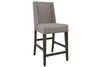 Image of Atherton 6 Piece Counter Height Dark Chestnut Trestle Table Dining Set With Upholstered Side Chairs And Bench
