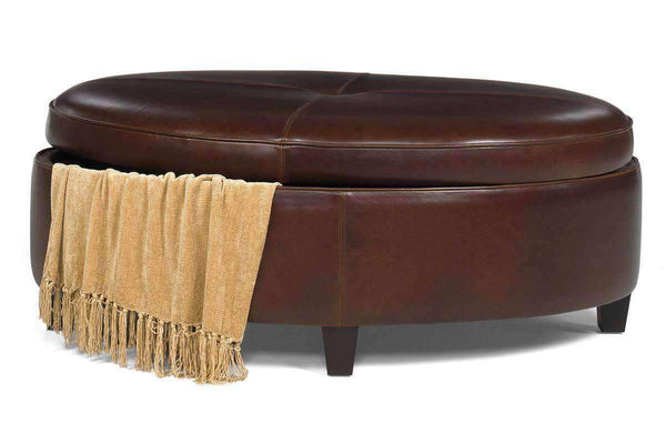 Avery Oval Leather Storage Coffee Table Ottoman - Outside Dimensions W51" x D33" x H19"