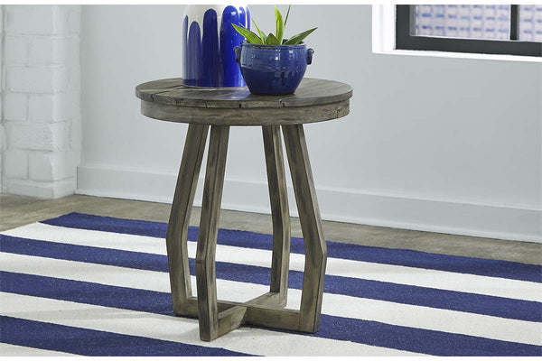 Barnes Transitional Round Chair Side Table With Gray Wash Finish And Plank Style Top
