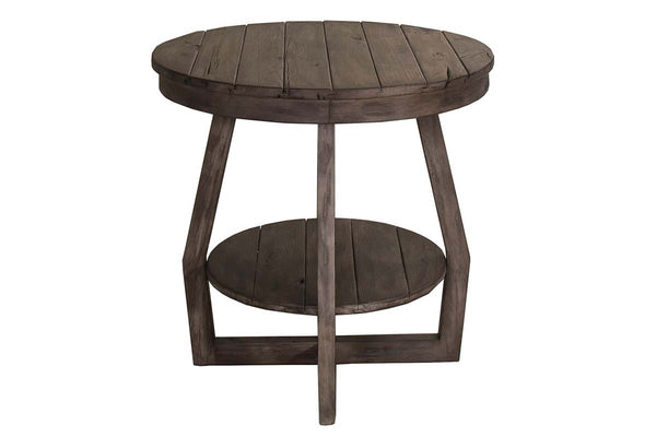 Barnes Transitional Round End Table With Gray Wash Finish And Plank Style Top