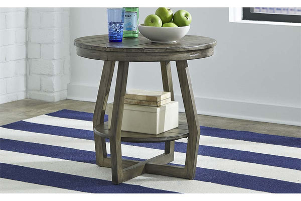 Barnes Transitional Round End Table With Gray Wash Finish And Plank Style Top