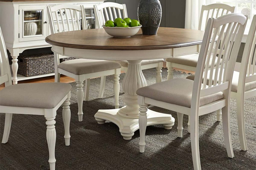 Beaufort 7 Piece White With Nutmeg Top Round Oval Pedestal Dining Tabl