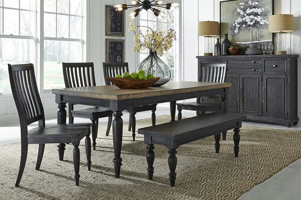 Branson II Chalkboard Black With Brown Top 6 Piece Leg Table Set With Slat Back Chairs And Bench
