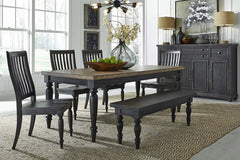 Branson II Chalkboard Black With Brown Top 6 Piece Leg Table Set With Slat Back Chairs And Bench
