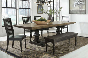 Branson II Chalkboard Black With Brown Top 6 Piece Trestle Table Set With Slat Back Chairs And Bench
