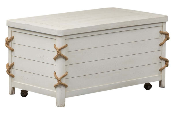 Bridgeport White Nautical Beach Theme Cedar Lined Storage Trunk Coffee Table With Rope Accents