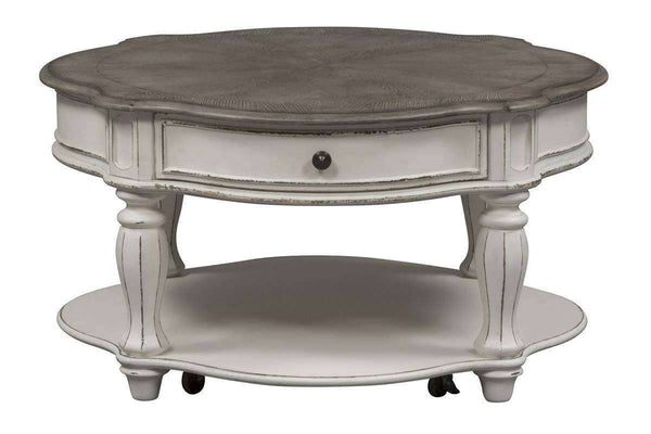 Canterbury Round Antique White Cocktail Table With Single Drawer And Shelf