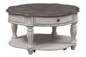 Canterbury Round Antique White Cocktail Table With Single Drawer And Shelf