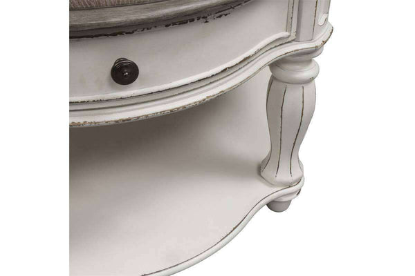 Canterbury Round Antique White Cocktail Table With Single Drawer And Shelf