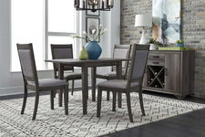 Carson 5 Piece Drop Leaf Dining Table Set In Greystone Finish With Upholstered Back Side Chairs