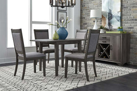Carson 5 Piece Drop Leaf Dining Table Set In Greystone Finish With Upholstered Back Side Chairs