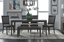 Carson 6 Piece Rectangular Leg Table Dining Set In Greystone Finish With Upholstered Chairs And Dining Bench