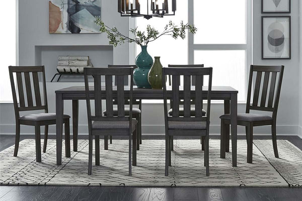 Carson 7 Piece Rectangular Leg Table Dining Set In Greystone Finish With Slat Back Side Chairs