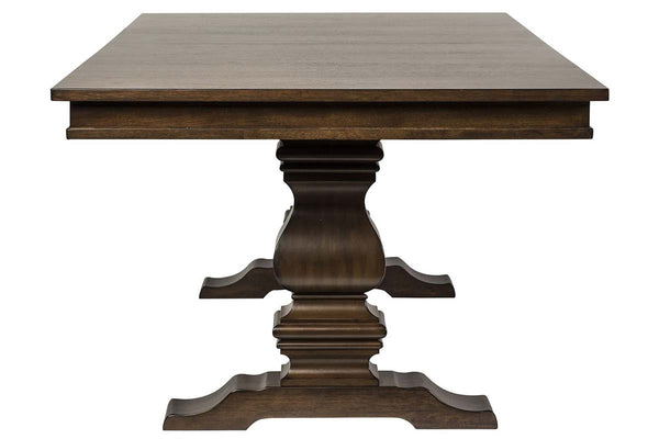 Chauncey Traditional Antique Brownstone 5 Piece Rectangular Trestle Table Set With Classic Linen Side Chairs
