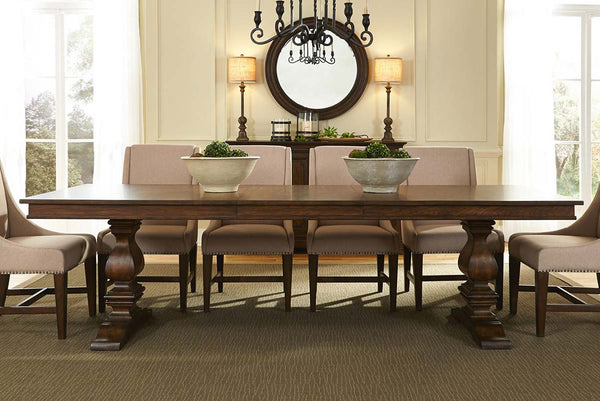 Chauncey Traditional Antique Brownstone 5 Piece Rectangular Trestle Table Set With Classic Linen Side Chairs