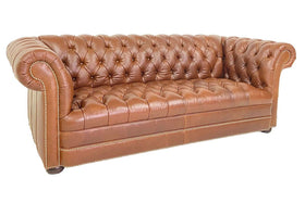 Chesterfield 93 Inch Leather Sofa With Tufted Bench Seat And Nail Trim