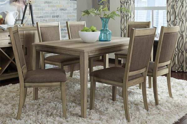 Cyrus 7 Piece Rectangular Leg Table Dining Set In Sandstone Finish With Upholstered Back Side Chairs