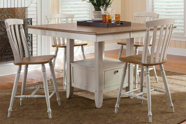 Dover Driftwood White With Sand Top 5 Piece Gathering Leg Table Set With Slat Back Chairs