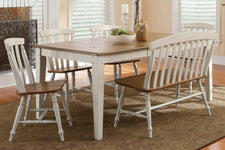 Dover Driftwood White With Sand Top 6 Piece Rectangular Leg Table Set With Slat Back Chairs And Bench