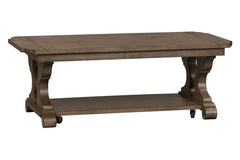 Emile I Elegant Heathered Brown Coffee Table With Decorative Carvings And Lower Shelf