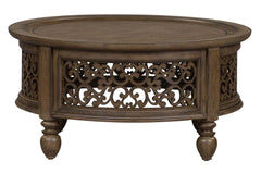 Emile I Elegant Heathered Brown Round Coffee Table With Decorative Scrolled Carvings