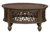 Image of Emile I Elegant Heathered Brown Round Coffee Table With Decorative Scrolled Carvings