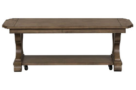 Emile I Elegant Heathered Brown Coffee Table With Decorative Carvings And Lower Shelf