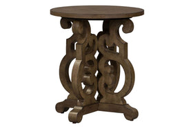 Emile I Elegant Heathered Brown Round End Table With Decorative Pedestal Base