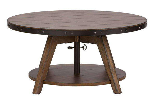 Gannon Rustic Weathered Brown Circular Motion Coffee Table With Plank Top