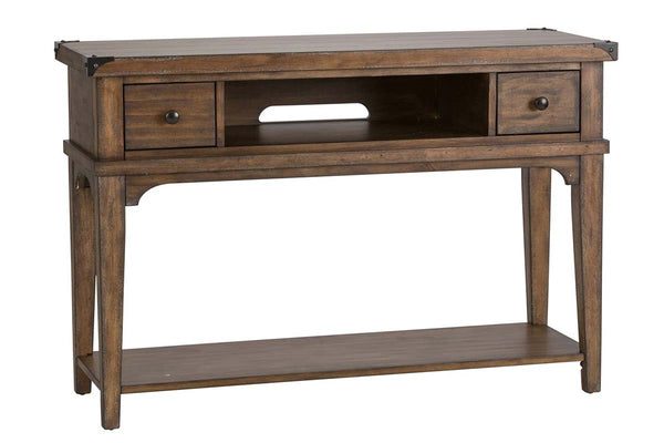 Gannon Rustic Weathered Brown Double Drawer Plank Top Sofa Table With Shelf