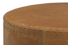 Garrett 39 Inch Round Leather Drum Ottoman With Nails