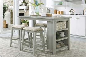 Glenwood Small Spaces Gray 5 Piece Counter Height Bookshelf Dining Set With Four Linen Upholstered Stools