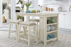Glenwood Small Spaces White 5 Piece Counter Height Bookshelf Dining Set With Four Linen Upholstered Stools