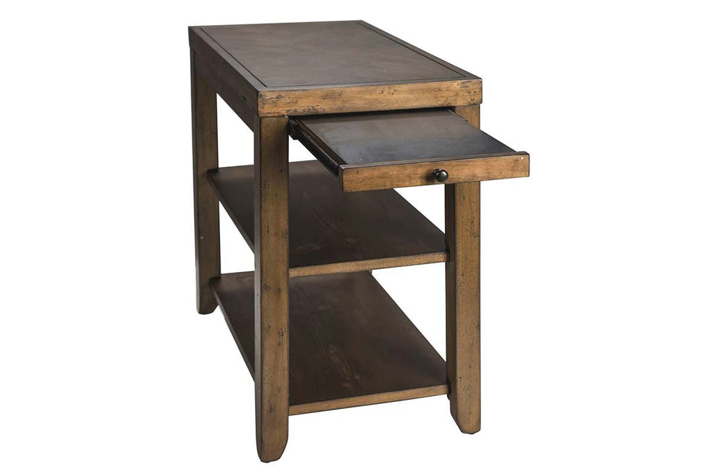 Grant Nutmeg Finish Chair Side Table With Pull Out Drink Shelf And Two
