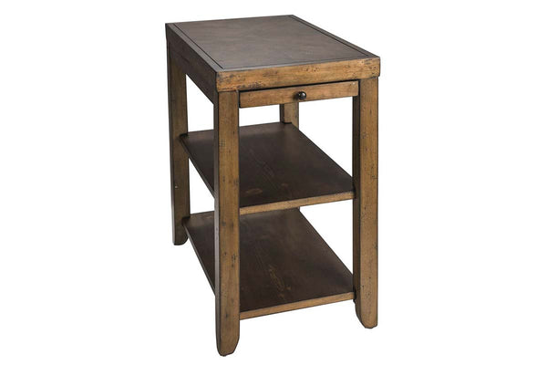 Grant Nutmeg Finish Chair Side Table With Pull Out Drink Shelf And Two Lower Shelves