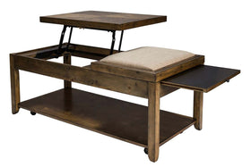Grant Nutmeg Finish Lift Top Cocktail Table With Flip Top Upholstered Seat And Drink Shelf