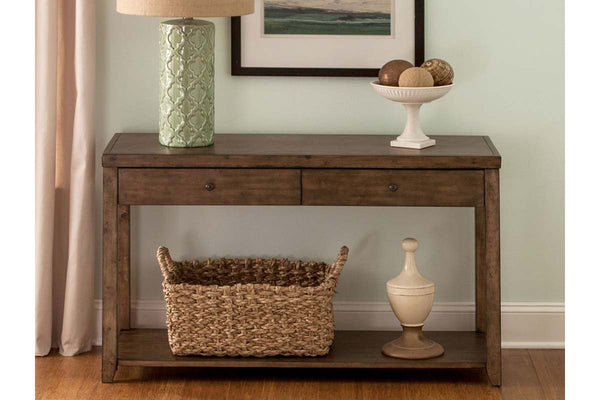 Grant Nutmeg Finish Double Drawer Sofa Table With Lower Storage Shelf