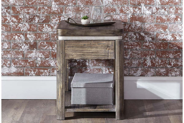 Greer Chair Side Table With Reclaimed Dark Pine Base And Top With Metallic Accents