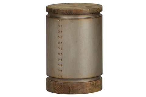 Greer Round Drum End Table With Metallic Finish And Reclaimed Dark Pine Top