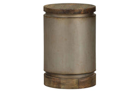 Greer Round Drum End Table With Metallic Finish And Reclaimed Dark Pine Top