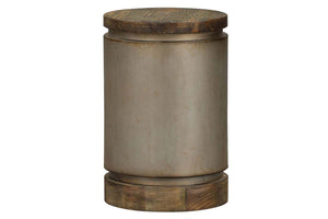 Greer Round Drum End Table With Metallic Finish And Reclaimed Dark Pine Top