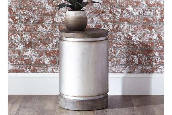 Greer Round Drum End Table With Metallic Finish And Reclaimed Dark Pine Top