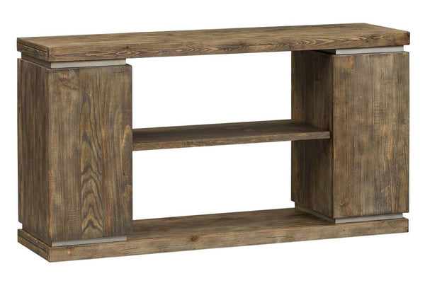 Greer Door Storage Sofa Table With Reclaimed Dark Pine Base And Top With Metallic Accents