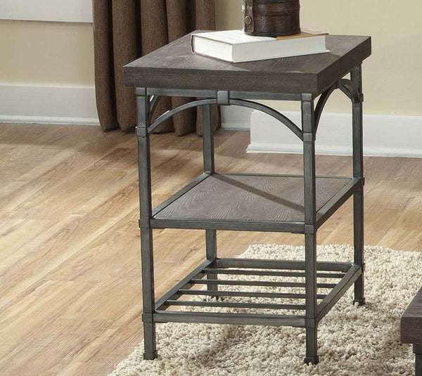 Halstrom Industrial Style Wood And Metal Chair Side Table With Dark Oak Top And Two Shelves
