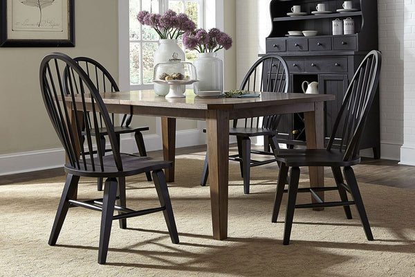 Hampstead 5 Piece Leg Table Dining Set In A Rustic Oak Finish With Rustic Black Windsor Back Side Chairs