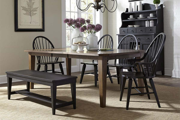 Hampstead 6 Piece Leg Table Dining Set In A Rustic Oak Finish With Rustic Black Windsor Back Side Chairs And Bench
