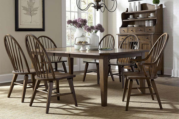 Hampstead 7 Piece Leg Table Dining Set With Windsor Back Side And Arm Chairs In A Rustic Oak Finish